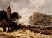 Philippe de Momper An extensiver river landscape with a church,cattle grazing and a traveller on a track oil painting artist
